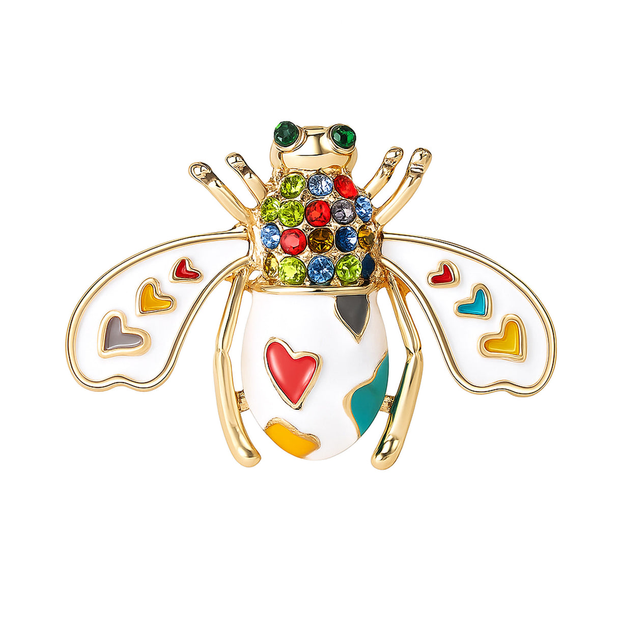 Bee brooch in white enamel with gold-tone frame, rainbow heart inlays, and multicolor faceted stones, cutout on white.