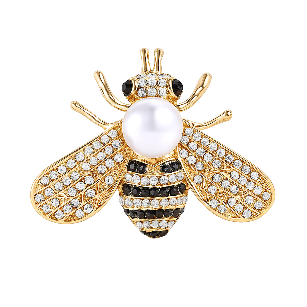 Bee brooch in gold-tone metal with clear stones, black striped details, and white round bead, cutout on white background.