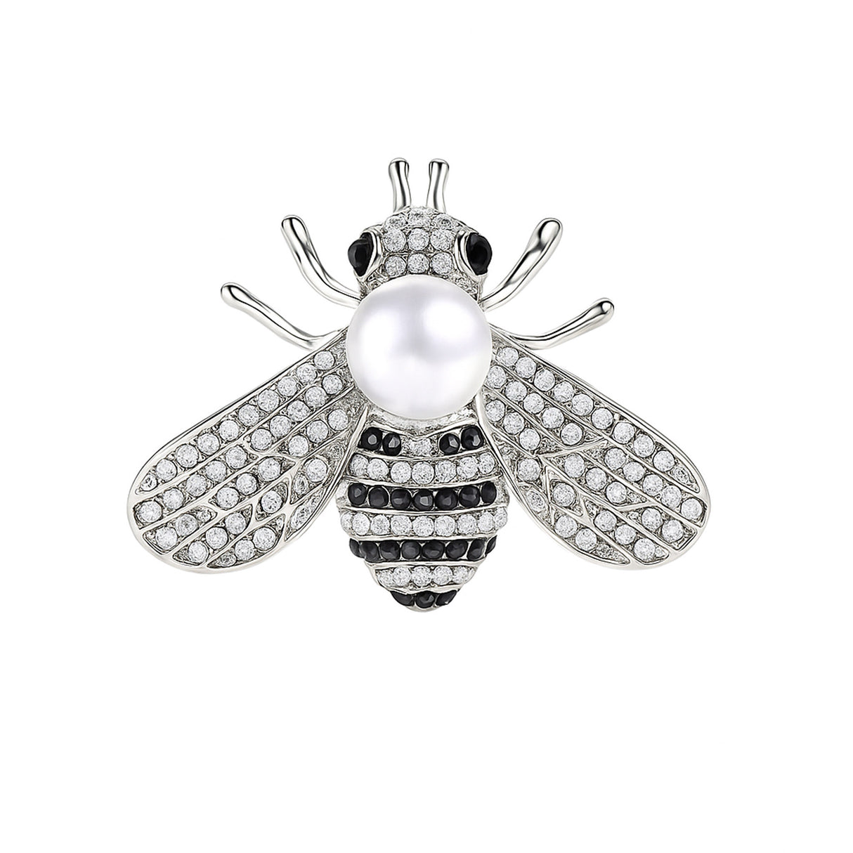 Bee brooch with silver-tone finish, clear faceted stones, black accents, and white round bead, cutout on white background.