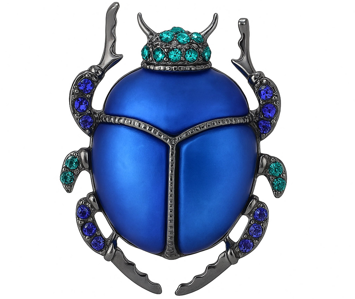Beetle brooch with vibrant blue body, dark metallic legs, and blue and green faceted stones, cutout on white background. Landscape crop for secondary use.
