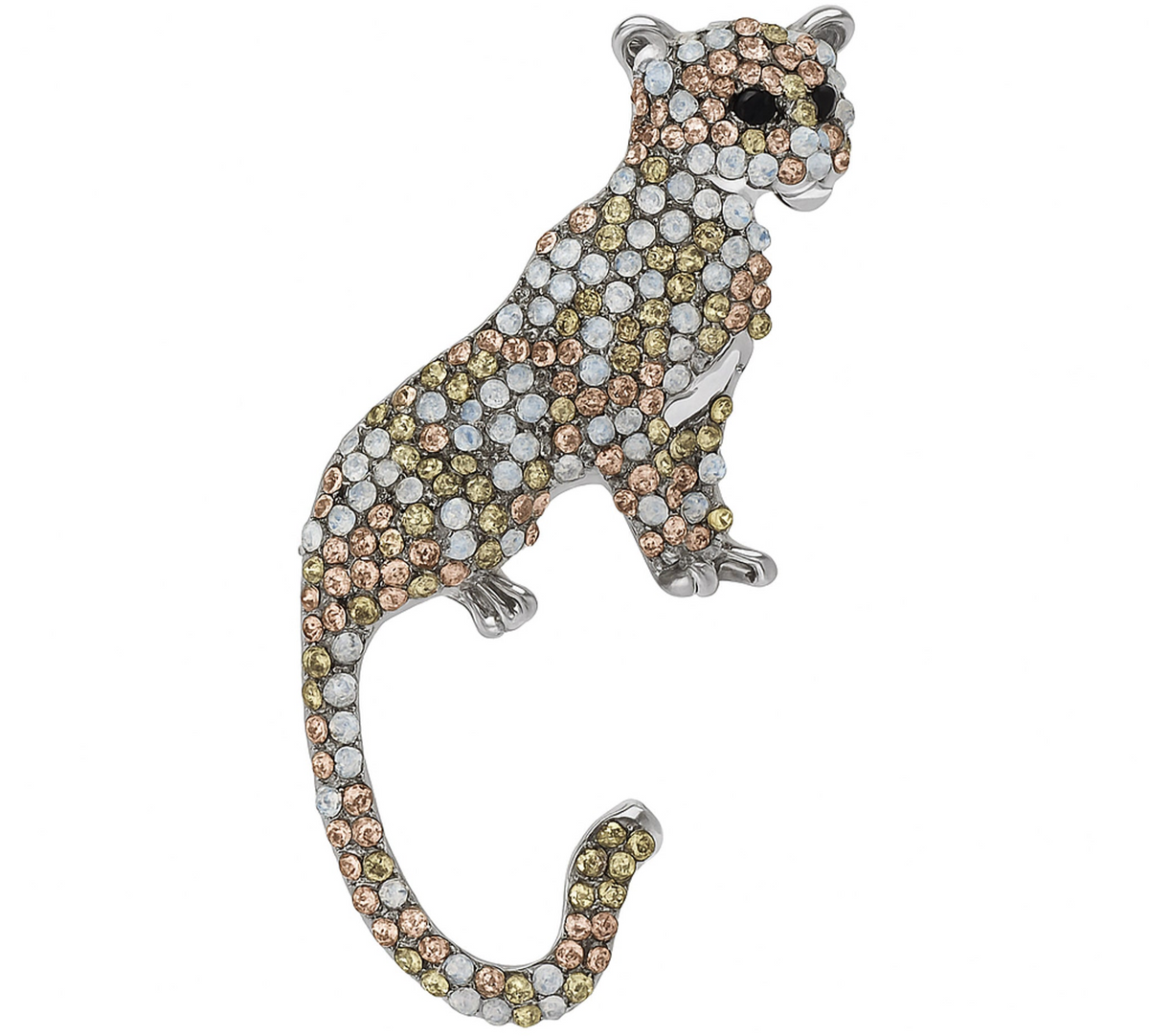 Stylized leopard or puma brooch with silver-tone metal and rhinestones in champagne, pale gold, and iridescent white tones. Upright sculptural cat figure, clean white cutout. Landscape crop for secondary use.