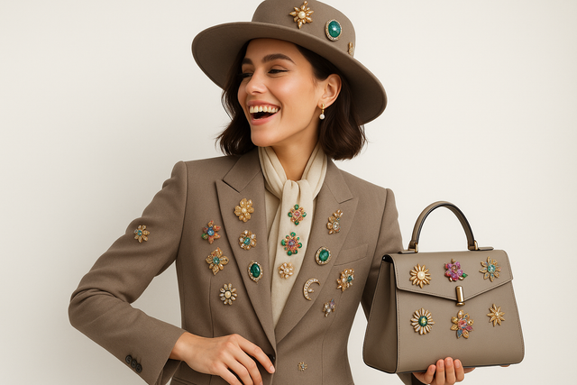 ITSOYU Stylish laughing woman wearing many brooches on hat, bag, blazer and scarf