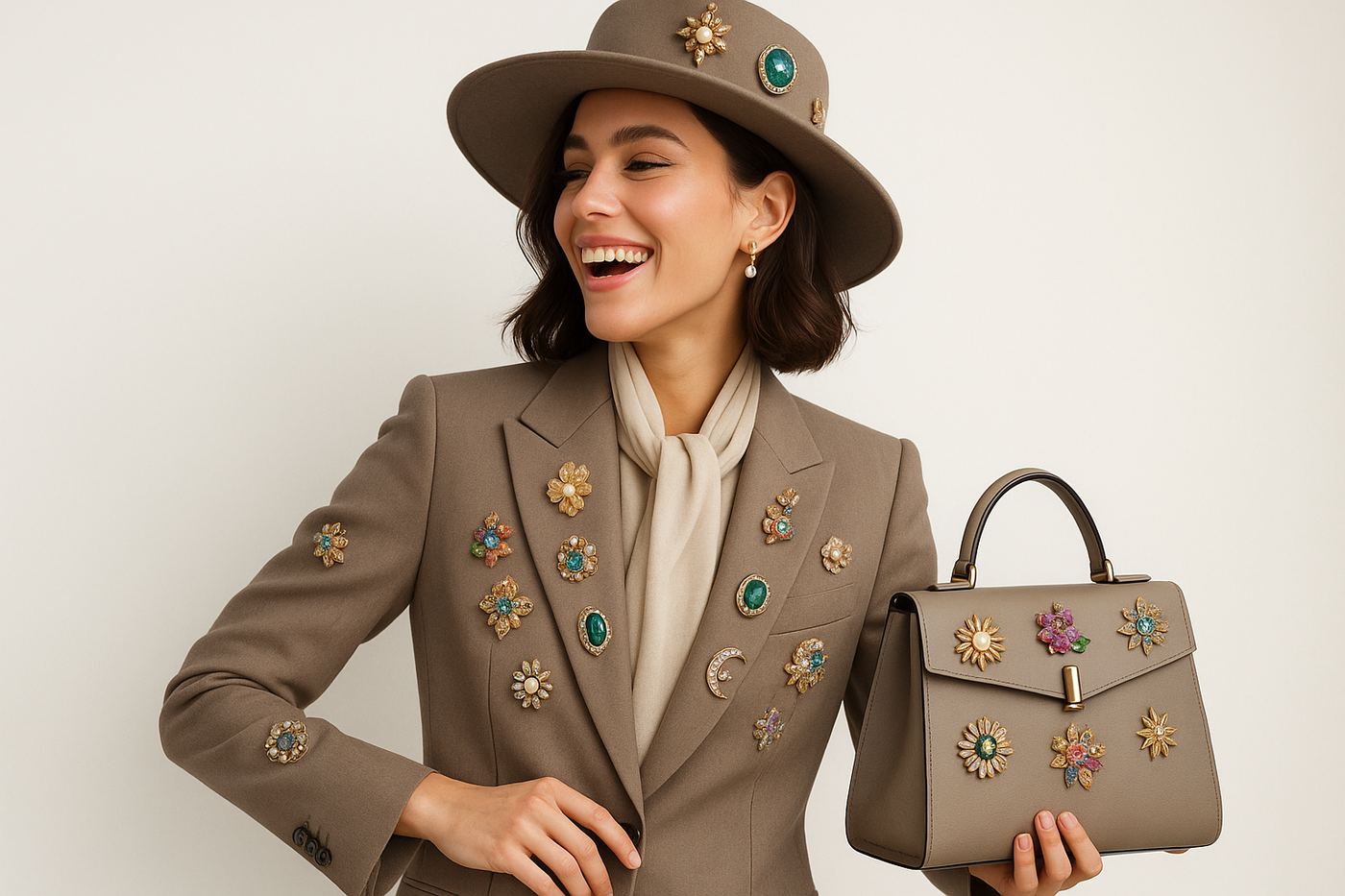 Elegant woman laughing and covered in brooches and pins.
