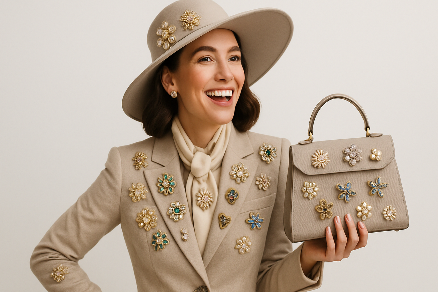 Stylish happy woman wearing many brooches on clothing, hat and bag.