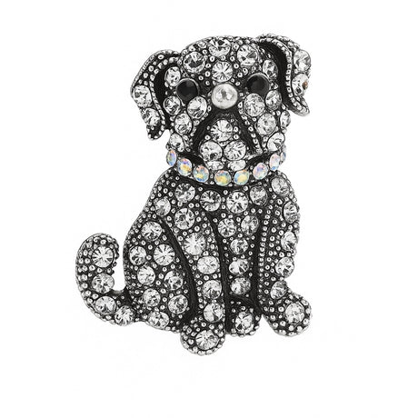 Bulldog brooch with clear round stones, black eyes, and iridescent collar set in vintage-inspired silver-tone metal. Cutout on white background.