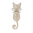 Cat brooch in gold-tone metal finish with clear faceted stones and silver-tone bow, cutout on white background.