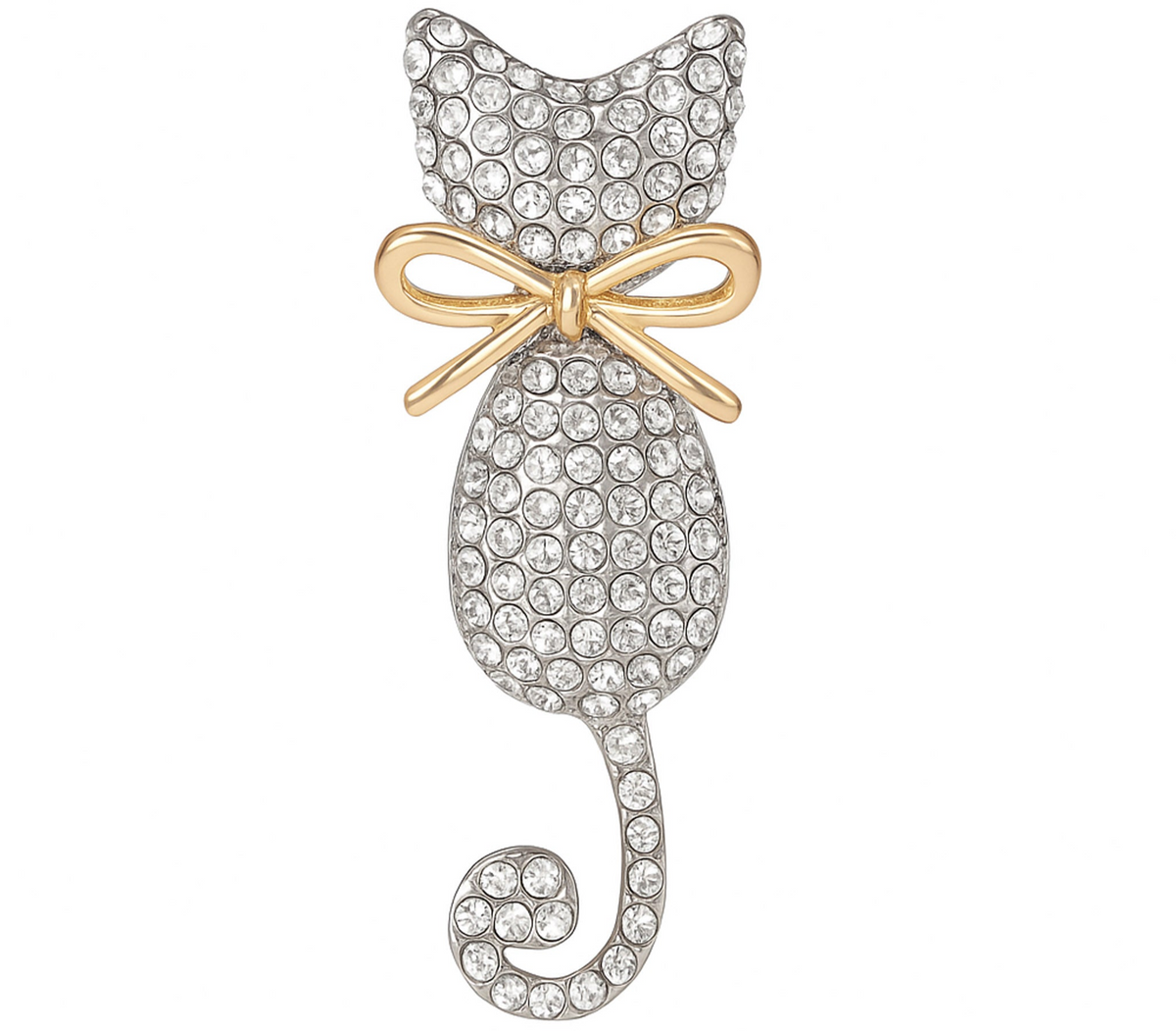 Cat-shaped brooch with silver-tone metal base, clear round stones, and a gold-tone bow, cutout on white background. Landscape crop for secondary use.