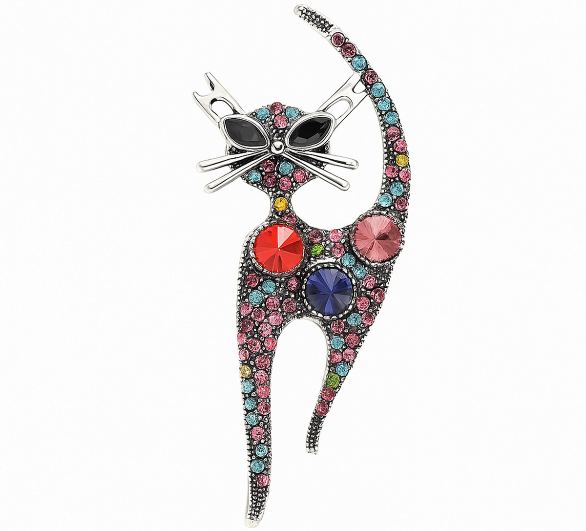 Cat brooch with silver-tone outline, multicolor faceted stones including red and pink accents, cutout on white. Landscape crop for secondary use.