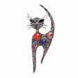 Cat brooch with silver-tone outline, multicolor faceted stones including red and pink accents, cutout on white.