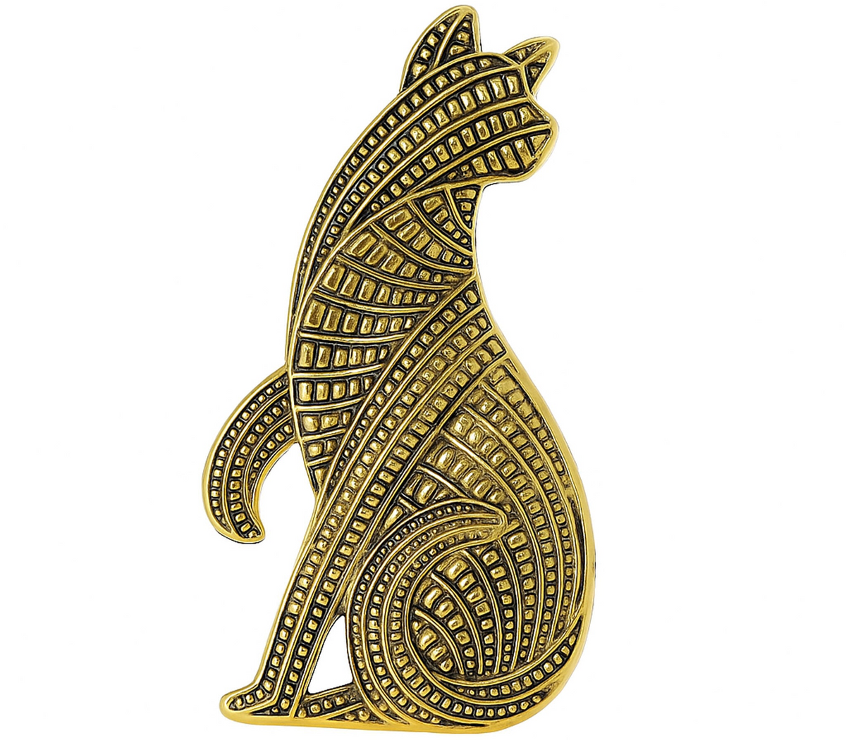 Cat brooch with gold-tone metal finish and intricate geometric textured pattern, cutout on white background. Landscape crop for secondary use.