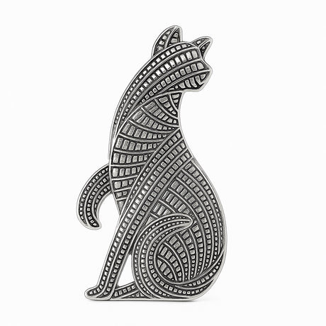 Cat brooch with silver-tone metal finish and detailed geometric grid texture, cutout on white background.