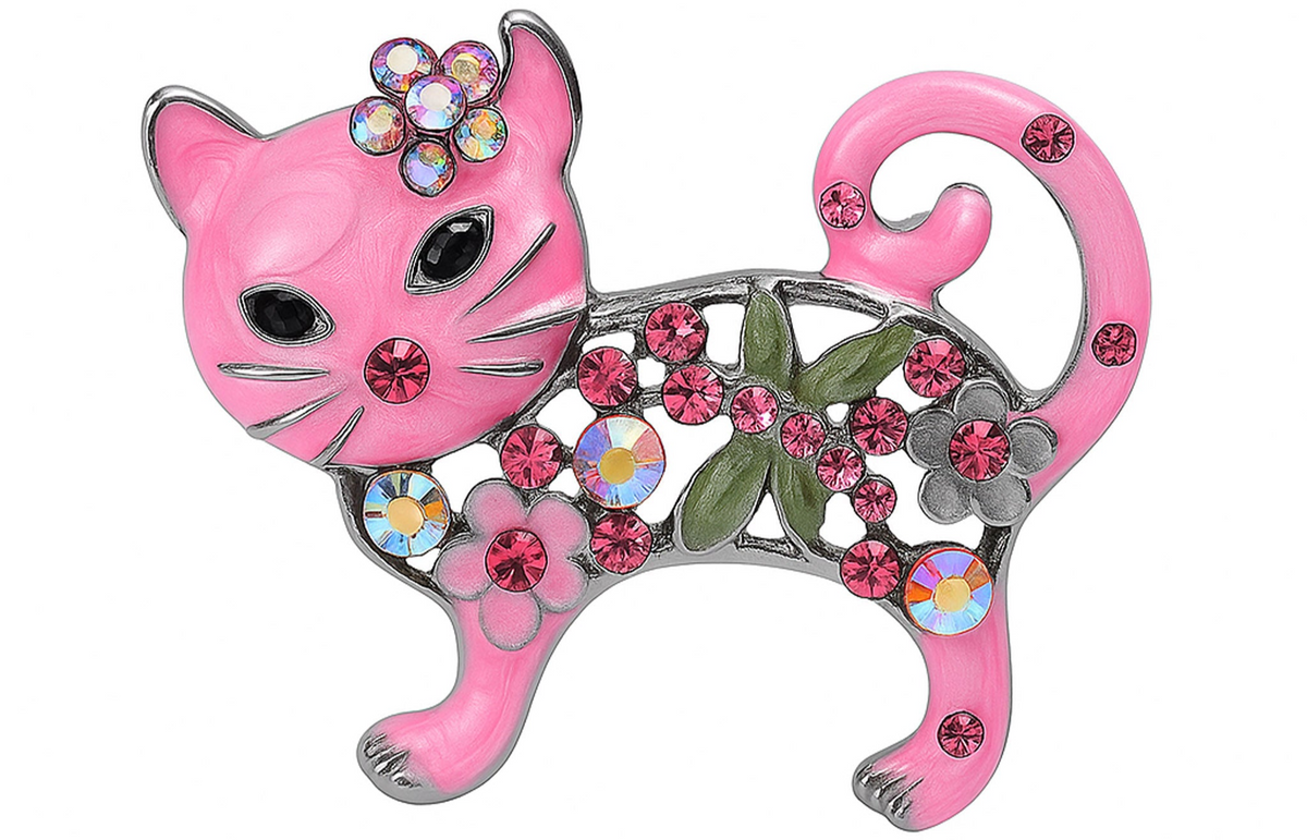 Cat brooch with pink enamel and round stones, multicolor floral accents, and green leaf motif, cutout on white. Landscape crop for secondary use.