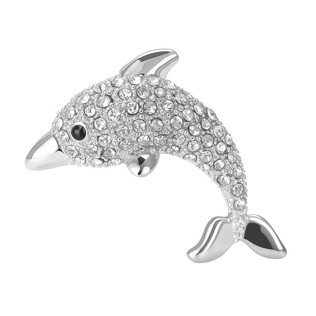 Dolphin brooch in polished silver-tone with clear faceted stones and black eye detail, cutout on white.