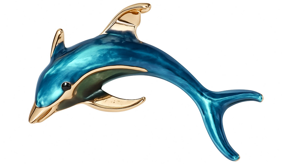 Dolphin brooch with blue enamel body and gold-tone fins and outline, cutout on white background. Landscape crop for secondary use.