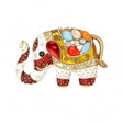 Elephant brooch with red, gold-tone, and white enamel accents, multicolor decorative stones, and textured dot detailing, cutout on white background.