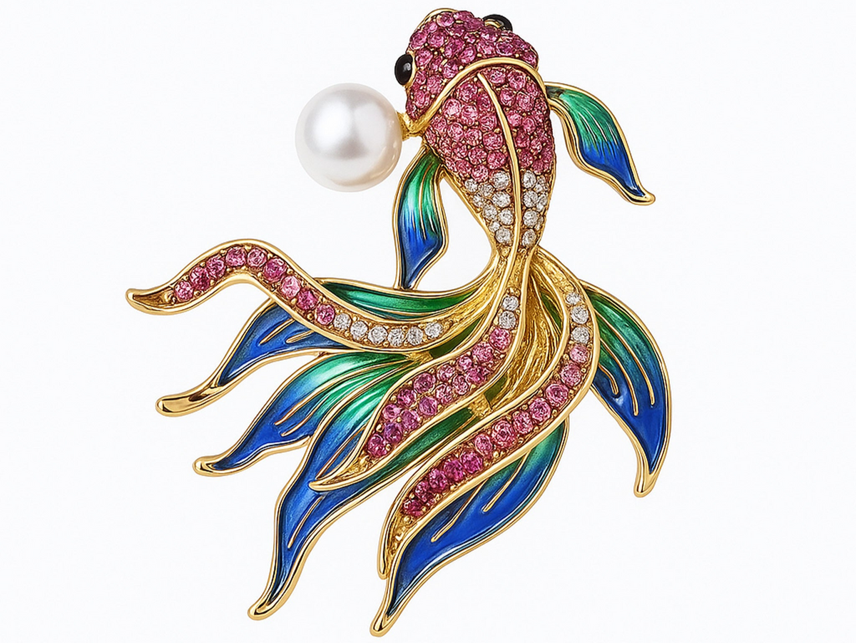 Fish brooch with gold-tone frame, pink toned faceted stones, blue and green enamel fins, and white round bead, cutout on white. Landscape crop for secondary use.