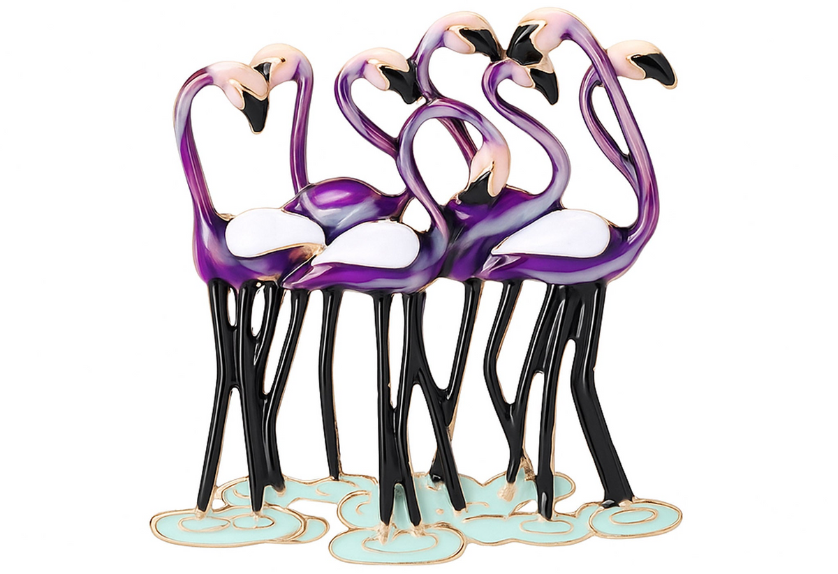 Flamingo brooch showing group of purple birds, with white wings, and black legs on green-blue base, cutout on white. Landscape crop for secondary use.