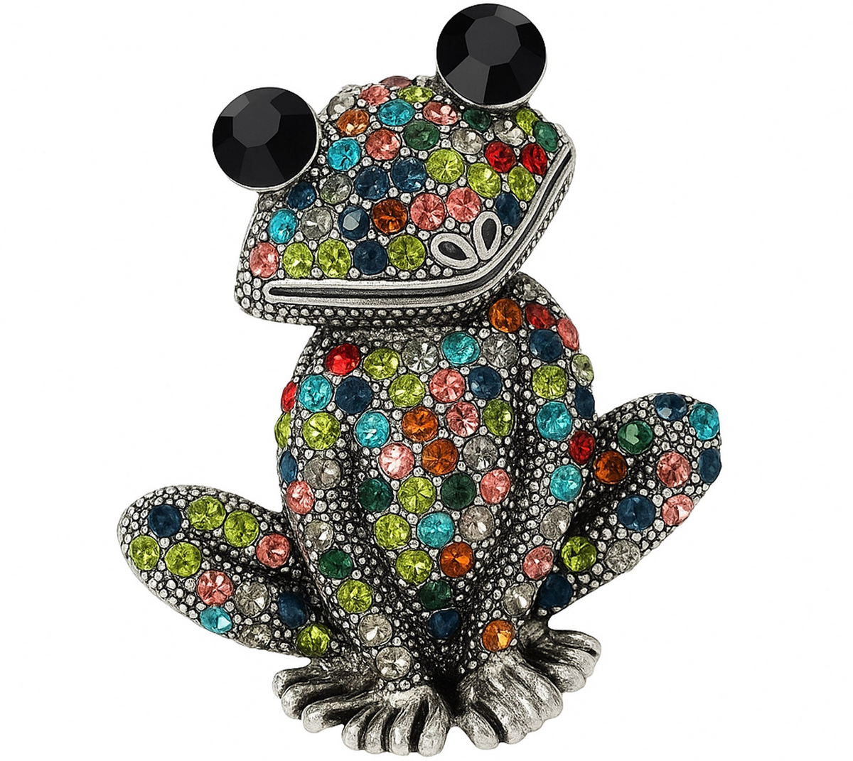 Frog brooch with silver-tone base, multicolor faceted stones, and black round eyes, cutout on white background. Landscape crop for secondary use.