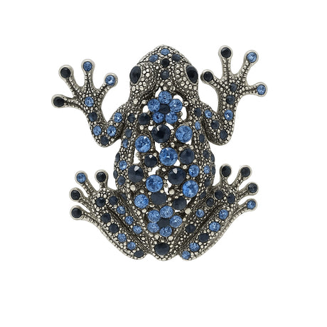 Frog brooch with dark silver-tone finish, decorated with blue and navy faceted stones, cutout on white background.