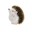 Hedgehog brooch featuring white body, pink accents, and black spines with gold-tone tips, cutout on white background.