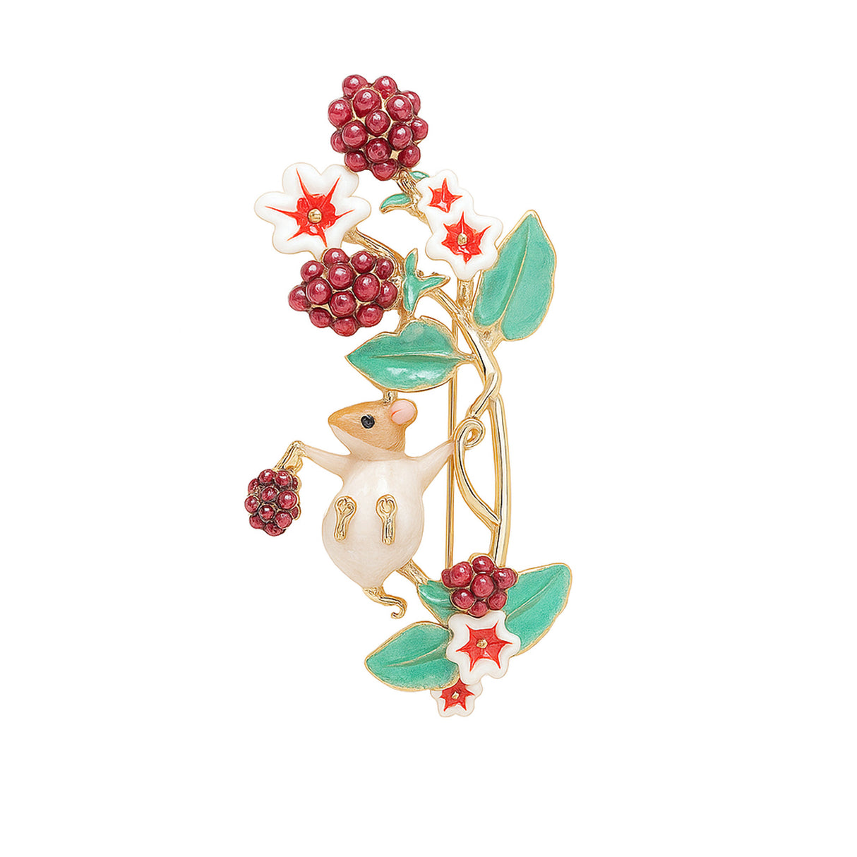 Mouse brooch with gold-tone metal base, white enamel body, red clustered bead berries, and green leaves, cutout on white.