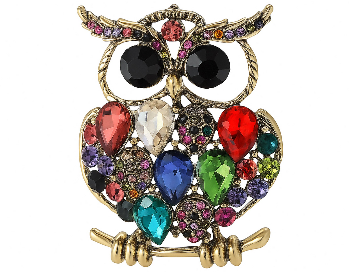 Owl brooch with gold-tone finish, multicolor faceted stones, and black round eyes, cutout on white. Landscape crop for secondary use.