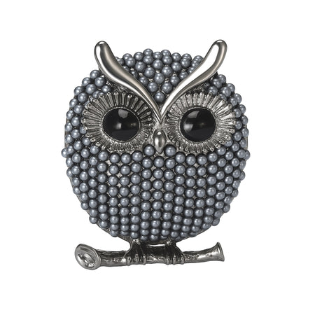 Owl brooch with silver-tone finish, dark grey round beads, black eyes, and branch detail, cutout on white background.