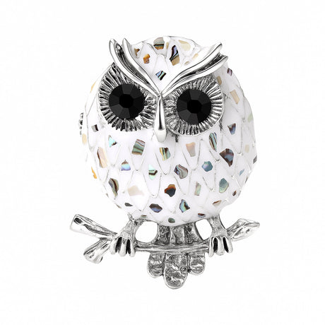 Owl brooch with multicolor mosaic-style pattern on white base, silver-tone outline, and black faceted eyes, cutout on white.
