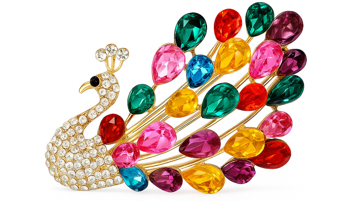 Peacock brooch with gold-tone metal, multicolor teardrop stones including pink, red, blue, green, and yellow. Cutout on white. Landscape crop for secondary use.
