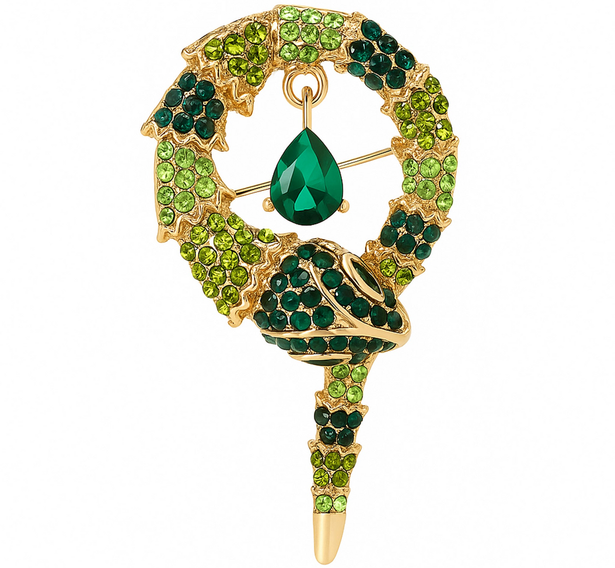 Snake brooch with gold-tone metal base, faceted stones in dark and light green tones, and green teardrop pendant, cutout on white. Landscape crop for secondary use.