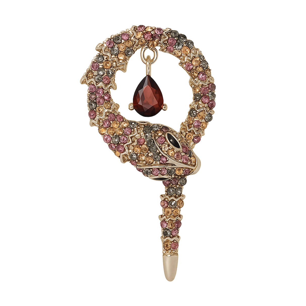 Snake brooch with gold-tone metal base, faceted stones in red, amber, and gray tones, and dark red teardrop pendant, cutout on white.