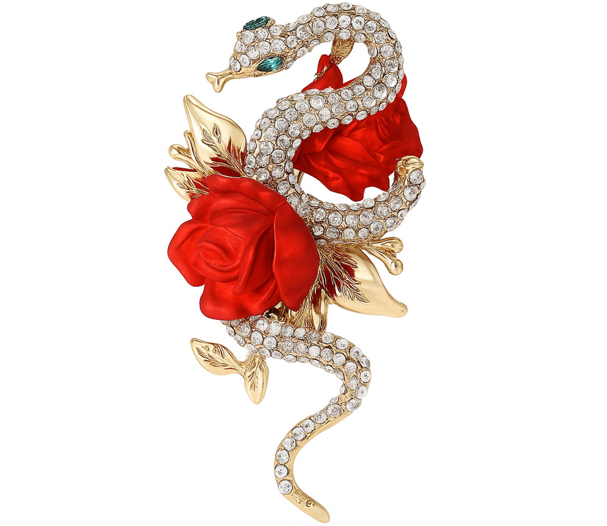 Snake brooch in gold-tone metal with clear pave-set stones, green eyes, and red rose detailing. Cutout on white background. Landscape crop for secondary use.