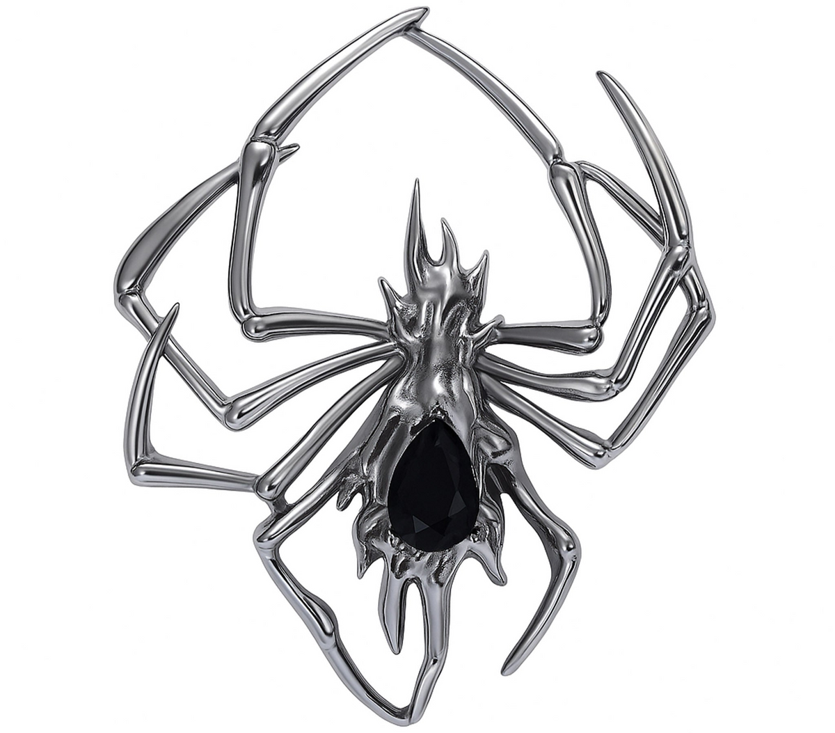 Spider brooch with dark silver-tone metal and black teardrop-shaped faceted center stone, cutout on white background. Landscape crop for secondary use.