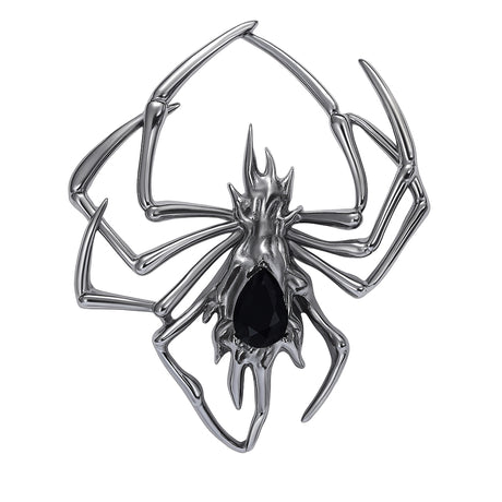 Spider brooch with dark silver-tone metal and black teardrop-shaped faceted center stone, cutout on white background.
