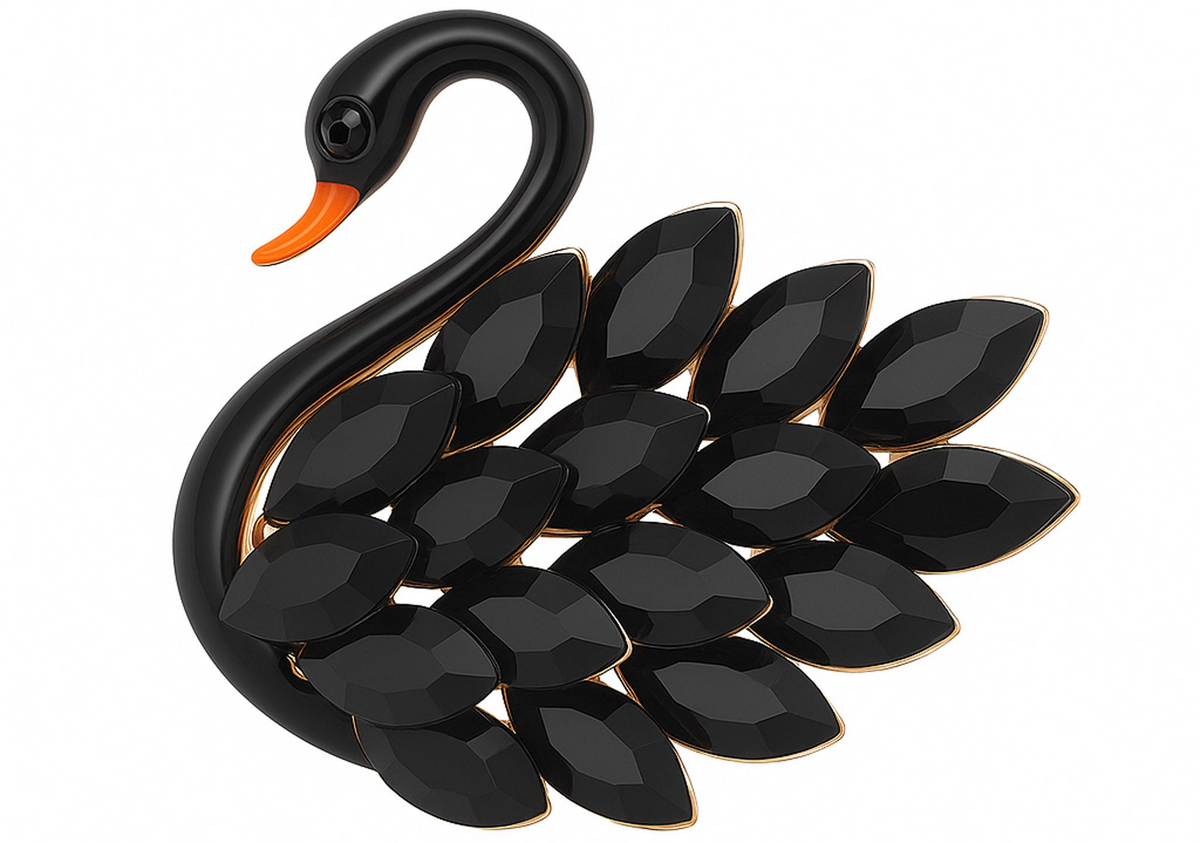 Swan brooch with glossy black enamel body, orange beak, and black marquise-cut stones, cutout on white background. Landscape crop for secondary use.