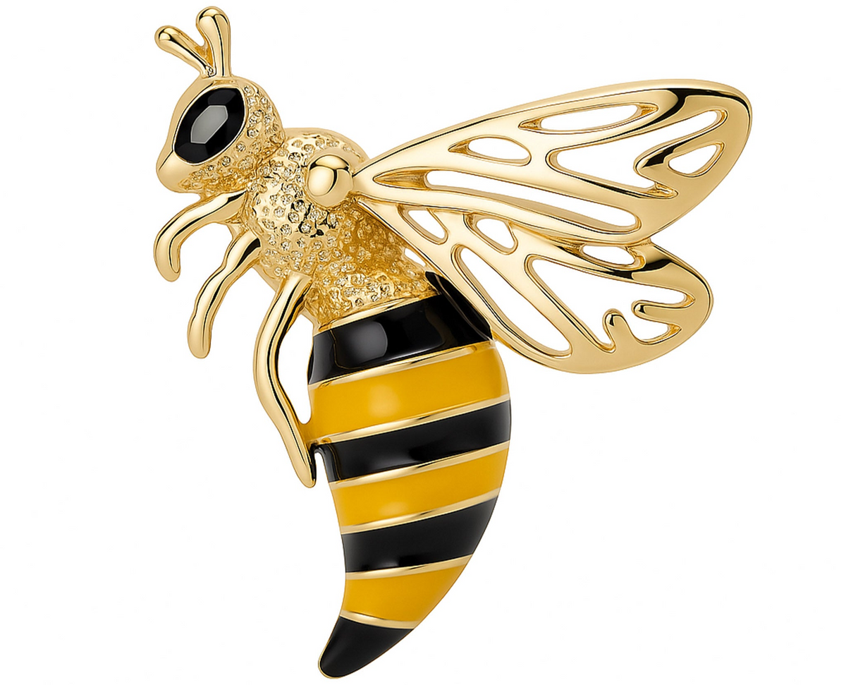 Wasp brooch with gold-tone finish, black and yellow enamel stripes, textured body, and openwork wings, cutout on white. Landscape crop for secondary use.