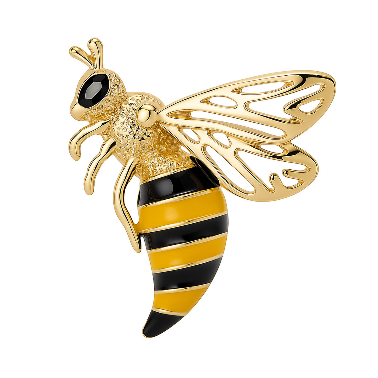 Wasp brooch with gold-tone finish, black and yellow enamel stripes, textured body, and openwork wings, cutout on white.