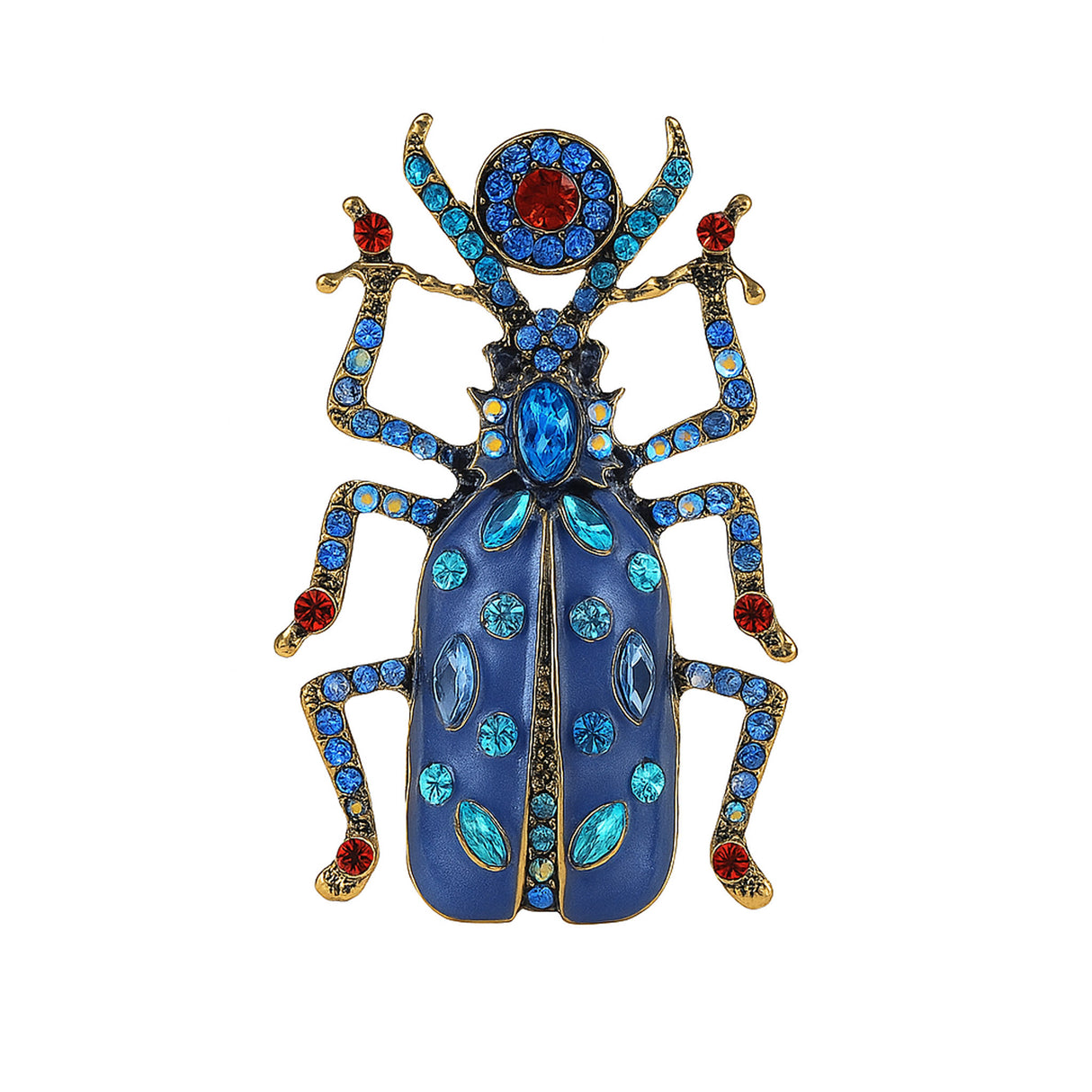Beetle brooch with gold-tone outline, blue enamel wings, blue and red faceted stones, cutout on white background.