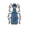 Beetle brooch with gold-tone outline, blue enamel wings, blue and red faceted stones, cutout on white background.