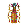 Beetle brooch with orange wings, multicolor stones in pink, yellow, red, and blue tones, cutout on white background.