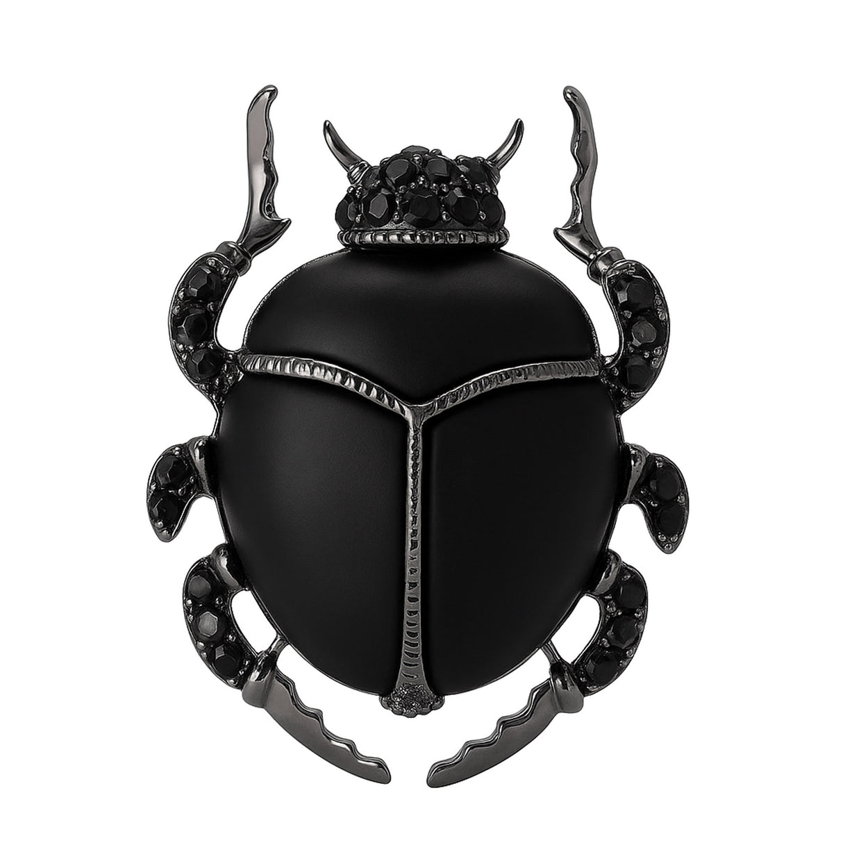 Beetle brooch with matte black body, dark metallic legs, and black faceted stones, cutout on white background.