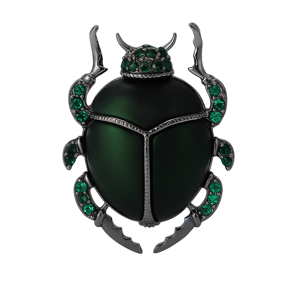 Beetle brooch with green body, dark metallic legs, and green faceted stones, cutout on white background.