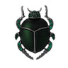Beetle brooch with green body, dark metallic legs, and green faceted stones, cutout on white background.