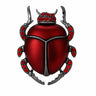 Beetle brooch with red body, dark metallic legs, and red faceted stones, cutout on white background.