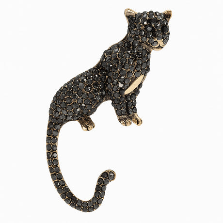 Black panther brooch with gold-tone metal and dense black rhinestones. Upright pose with curled tail, isolated on a white background. Sleek and sculptural wild cat accessory.