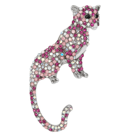 Cheetah-style brooch with silver-tone base and rhinestones in pink, fuchsia, and iridescent hues. Full-body wild cat form with upright pose, cutout on white.