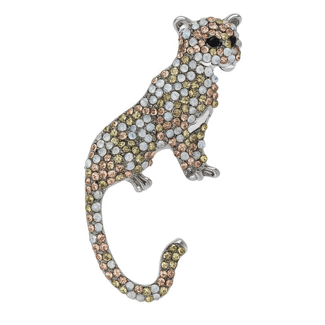 Stylized leopard or puma brooch with silver-tone metal and rhinestones in champagne, pale gold, and iridescent white tones. Upright sculptural cat figure, clean white cutout.