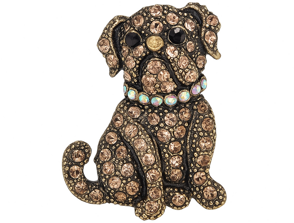 Dog brooch with brown-tone faceted stones, black eyes, and iridescent collar set in antique-style gold-tone metal, cutout on white background. Landscape crop for secondary use.