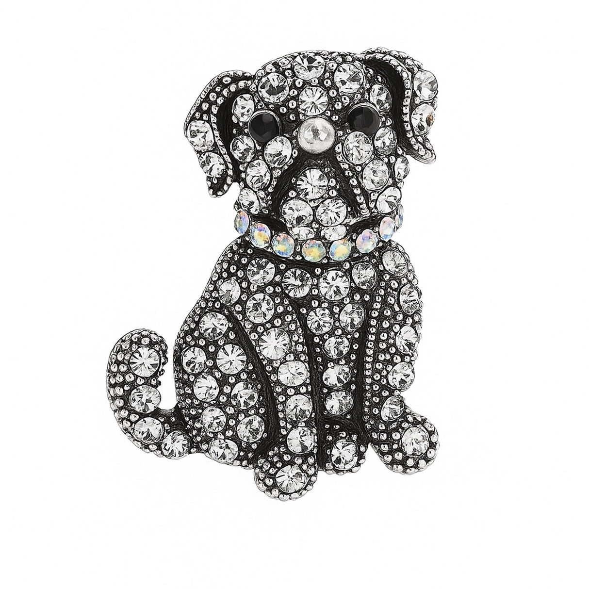 Bulldog brooch with clear round stones, black eyes, and iridescent collar set in vintage-inspired silver-tone metal. Cutout on white background.