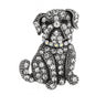 Bulldog brooch with clear round stones, black eyes, and iridescent collar set in vintage-inspired silver-tone metal. Cutout on white background.